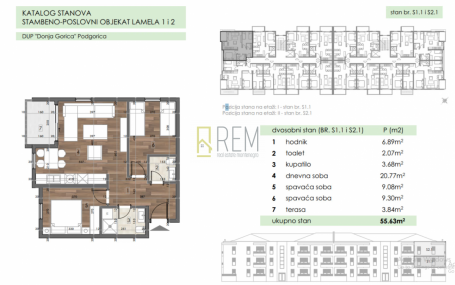 Prodajemo- više jednosobnih stanova od 55,63m2 , Donja Gorica, Podgorica