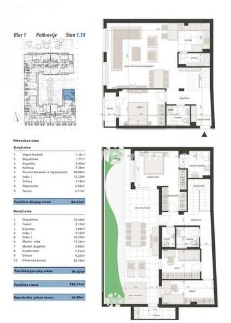 Centar- Petosoban PentHaus 186 m2 sa 26 m2 Zelene površine u Izgradnji-povraćaj PDV-a-065/385 8880