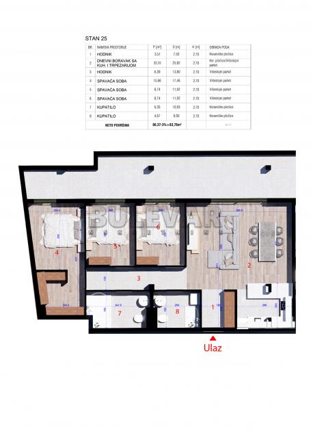 Penthaus sa tri spavaće sobe i dva kupatila - Kragujevac, Aerodrom, 83,78 m2 plus terasa 31,20 m2, u