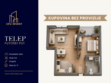 Telep – dvosoban stan površine 42 m², novogradnja, povrat PDV-a, kupovina bez provizije
