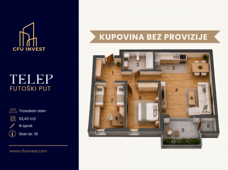 Telep – trosoban stan površine 62 m², novogradnja, povrat PDV-a, kupovina bez provizije