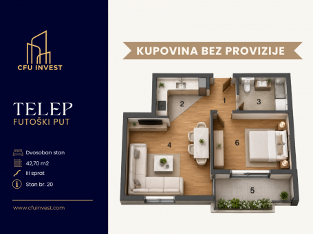 Telep – dvosoban stan površine 43 m², novogradnja, povrat PDV-a, kupovina bez provizije