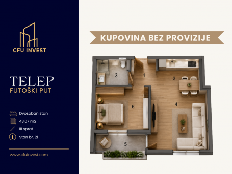 Telep – dvosoban stan površine 43 m², novogradnja, povrat PDV-a, kupovina bez provizije