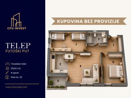 Telep – trosoban stan površine 59 m², novogradnja, povrat PDV-a, kupovina bez provizije