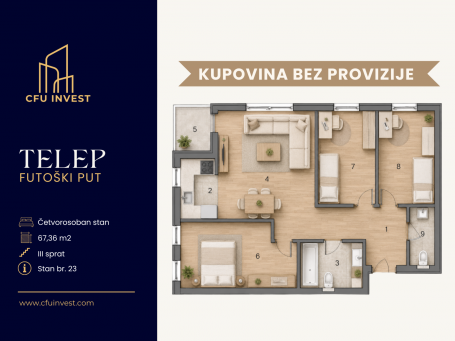 Telep – četvorosoban stan površine 67 m², novogradnja, povrat PDV-a, kupovina bez provizije