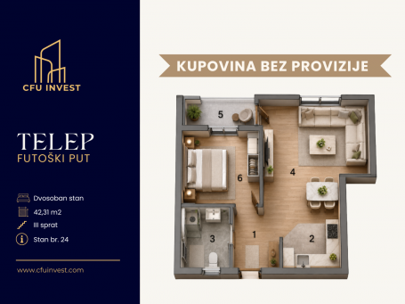 Telep – dvosoban stan površine 42 m², novogradnja, povrat PDV-a, kupovina bez provizije