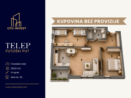 Telep – trosoban stan površine 59 m2, novogradnja, povrat PDV-a, kupovina bez provizije