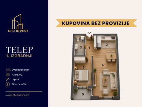 Telep – dvosoban stan površine 44 m², novogradnja, povrat PDV-a, kupovina bez provizije