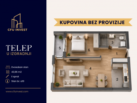 Telep – dvosoban stan površine 44 m², novogradnja, povrat PDV-a, kupovina bez provizije