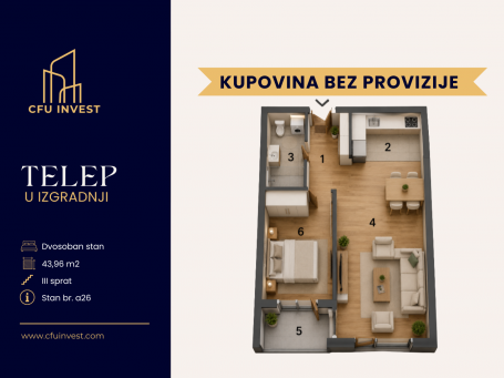 Telep – dvosoban stan površine 44 m², novogradnja, povrat PDV-a, kupovina bez provizije