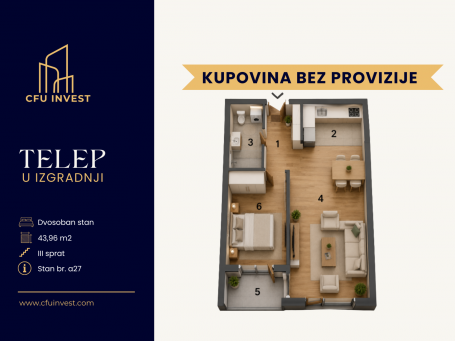 Telep – dvosoban stan površine 44 m², novogradnja, povrat PDV-a, kupovina bez provizije