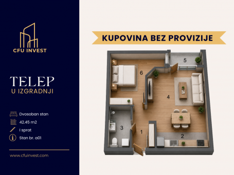 Telep – dvosoban stan površine 43 m², novogradnja, povrat PDV-a, kupovina bez provizije