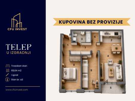 Telep – trosoban stan površine 69 m2, novogradnja, povrat PDV-a, kupovina bez provizije