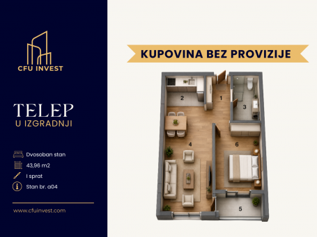Telep – dvosoban stan površine 44 m2, novogradnja, povrat PDV-a, kupovina bez provizije