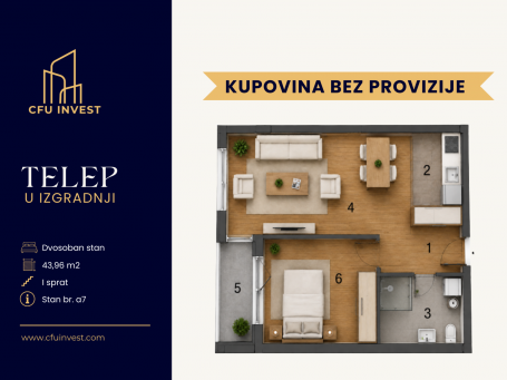 Telep – dvosoban stan površine 44 m2, novogradnja, povrat PDV-a, kupovina bez provizije