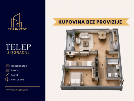 Telep – trosoban stan površine 64 m2, novogradnja, povrat PDV-a, kupovina bez provizije