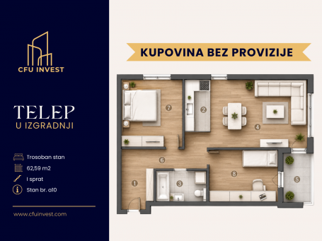 Telep – trosoban stan površine 63 m2, novogradnja, povrat PDV-a, kupovina bez provizije