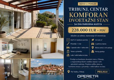 TRIBUNJ,  CENTAR, KOMFORAN DVOETAŽNI STAN SA DVA PARKIRNA MJESTA, 228.000 EUR + 