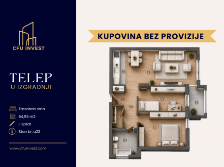 Telep – trosoban stan površine 65 m2, novogradnja, povrat PDV-a, kupovina bez provizije