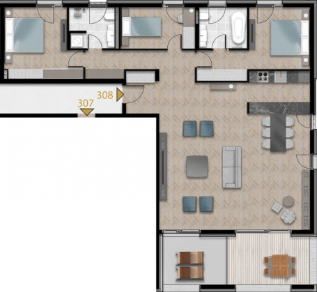 Spacious three-bedroom apartment; Completion: 2025. 