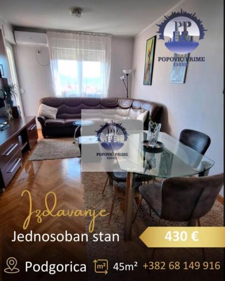 IZDAJE SE JEDNOSOBAN STAN | 45m² | 430€ – STARI AERODROM, PODGORICA