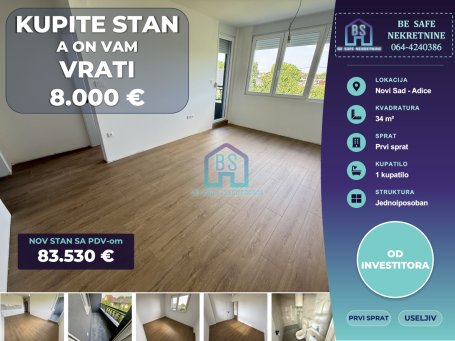 TOP PONUDA: Jednoiposoban NOV stan 34 m² sa PDV om