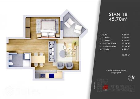 DVOSOBAN STAN 45.7m2 U SRCU NOVOG SADA, CENTAR, NOVOGRADNJA