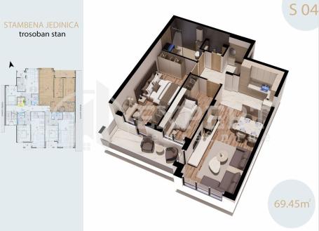 Trosoban  stan  u  novogradnji, Bul. Sv. Pantelejmona, III sprat, lift, 69,45 m2