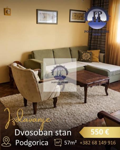 IZDAJE SE DVOSOBAN STAN | 57m² + 2 BALKONA | 550€ – PREKO MORAČE, PODGORICA