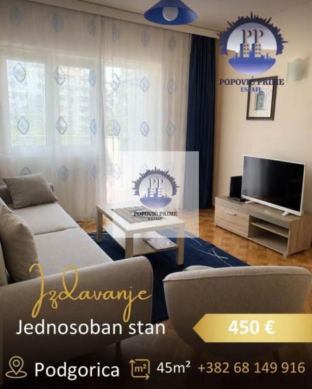 IZDAJE SE JEDNOSOBAN STAN | 45m² | 450€ – KOD HRAMA, PODGORICA