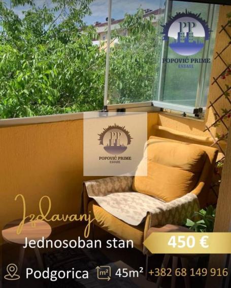 IZDAJE SE JEDNOSOBAN STAN | 45m² | 450€ – KOD KRIVOG MOSTA, PODGORICA