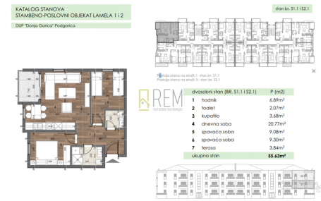 Prodajemo- više jednosobnih stanova od 55,63m2 , Donja Gorica, Podgorica