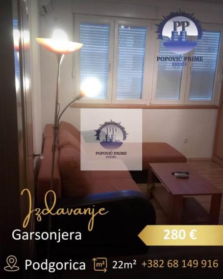 IZDAJE SE GARSONJERA | 22m² | 280€ – PREKO MORAČE, PODGORICA