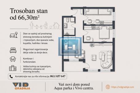 TROSOBAN  STAN U IZGRADNJI SA ODLIČNIM RASPOREDOM I POGLEDOM