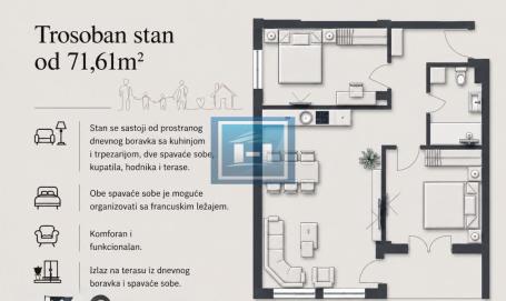 TROSOBAN  STAN U IZGRADNJI SA ODLIČNIM RASPOREDOM I POGLEDOM