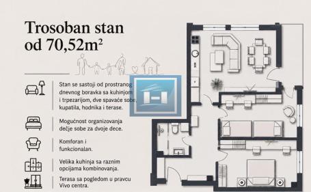 TROSOBAN STAN U IZGRADNJI SA ODLIČNIM RASPOREDOM I POGLEDOM